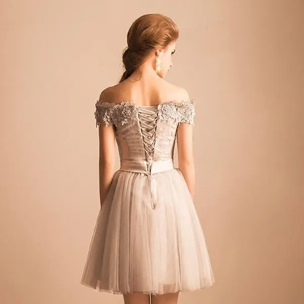 Off The Shoulder Tulle Short Prom Dress, Appliques Scoop Homecoming Dresses, MH267
