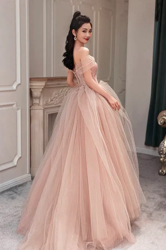 Pink Sweetheart with Lace Beaded Tulle Junior Prom Dress, Pink Long Formal Dresses