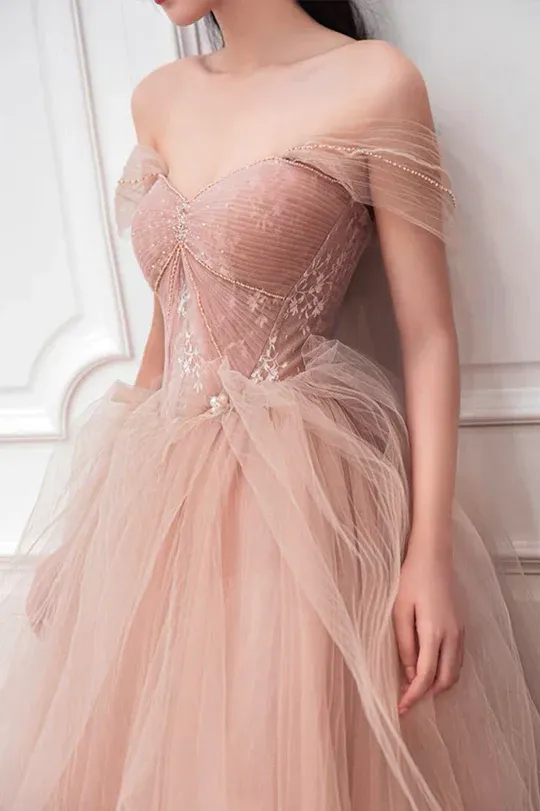 Pink Sweetheart with Lace Beaded Tulle Junior Prom Dress, Pink Long Formal Dresses