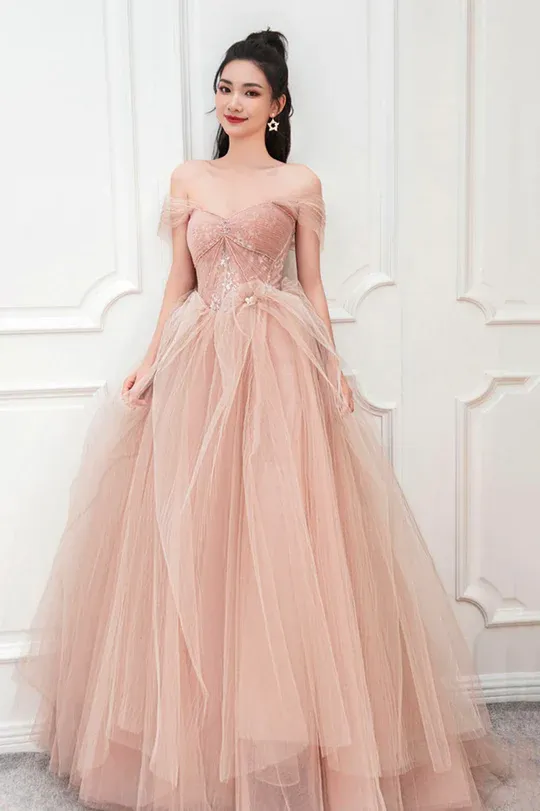 Pink Sweetheart with Lace Beaded Tulle Junior Prom Dress, Pink Long Formal Dresses
