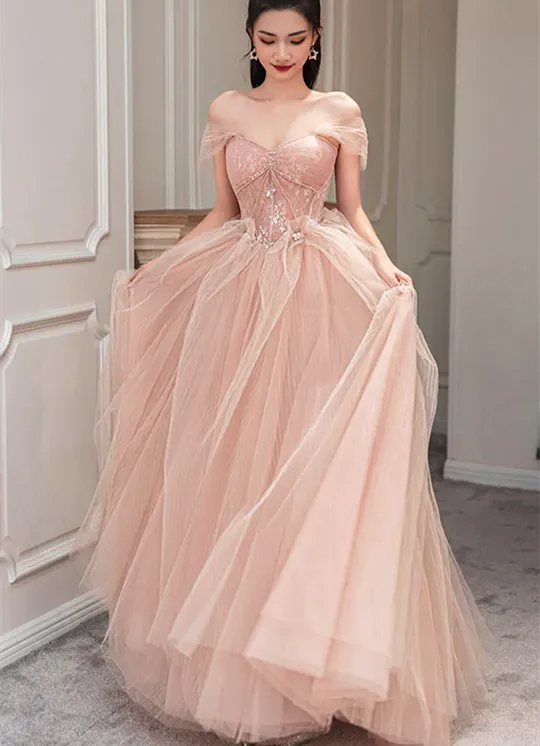 Pink Sweetheart with Lace Beaded Tulle Junior Prom Dress, Pink Long Formal Dresses