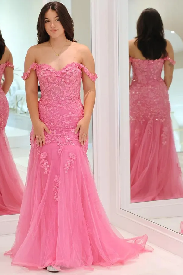Pink Tulle Appliques Off-the-Shoulder Trumpet Long Prom Dress TP1268