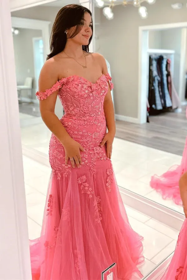 Pink Tulle Appliques Off-the-Shoulder Trumpet Long Prom Dress TP1268