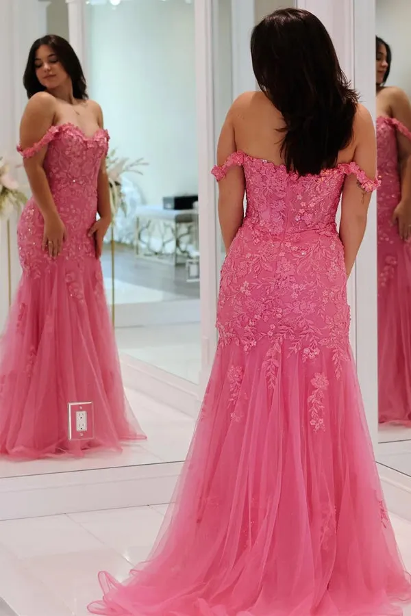 Pink Tulle Appliques Off-the-Shoulder Trumpet Long Prom Dress TP1268