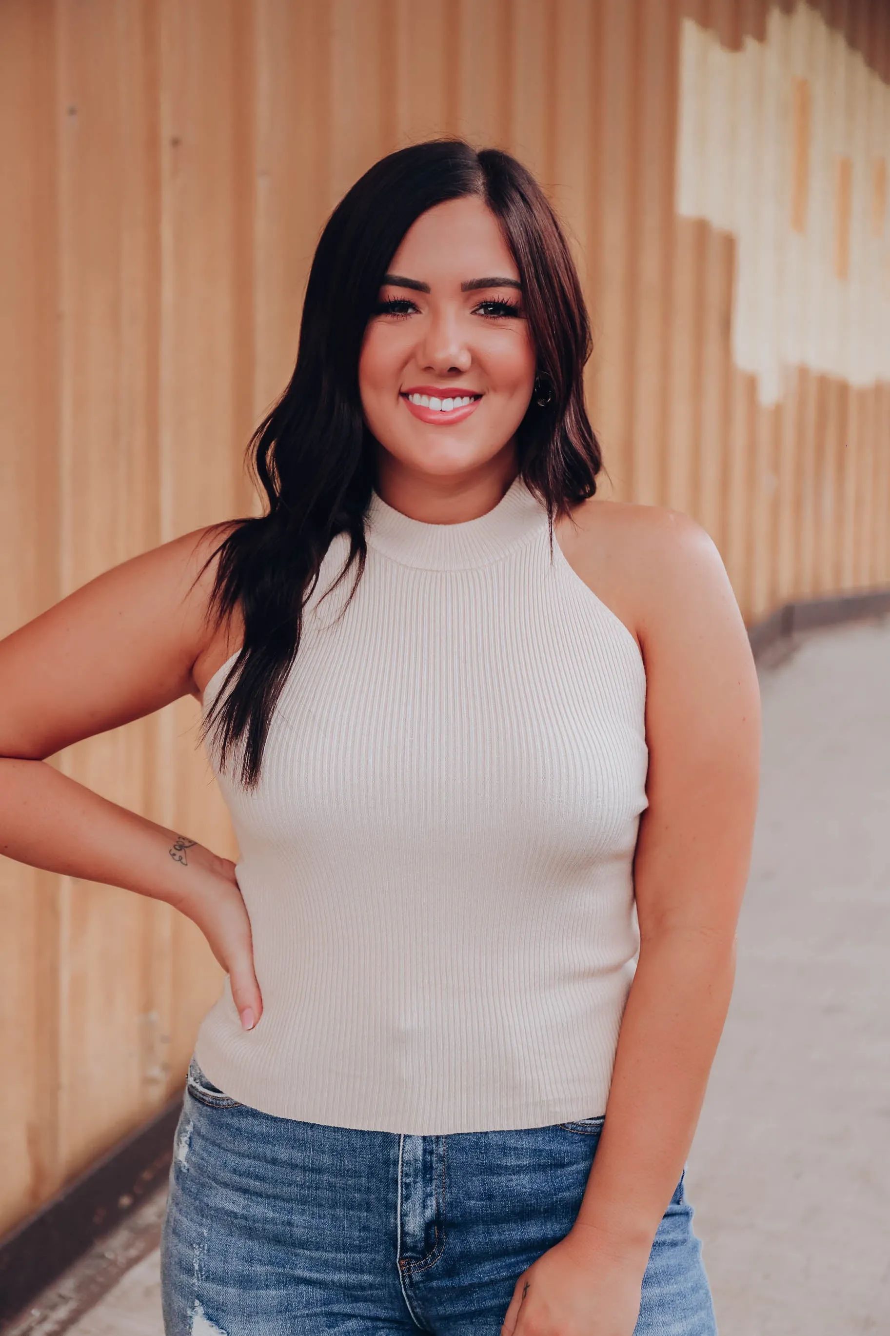 Posh Girl High-Neck Ribbed Top - Cream