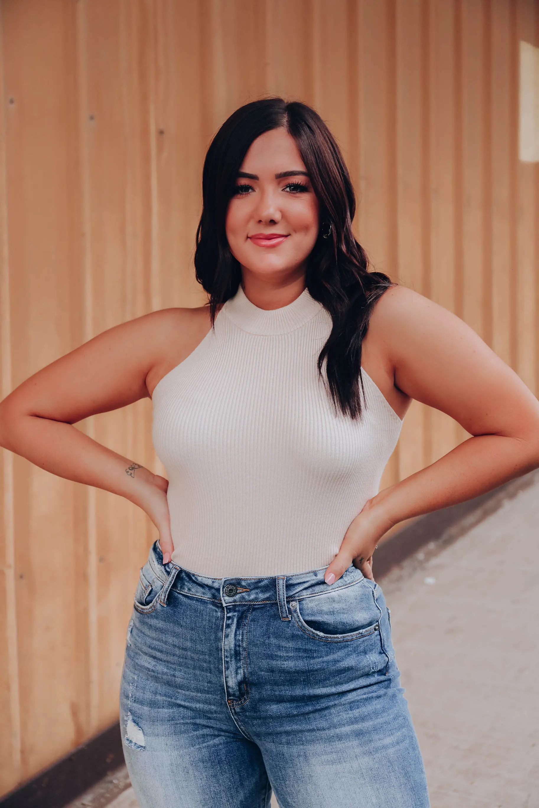 Posh Girl High-Neck Ribbed Top - Cream
