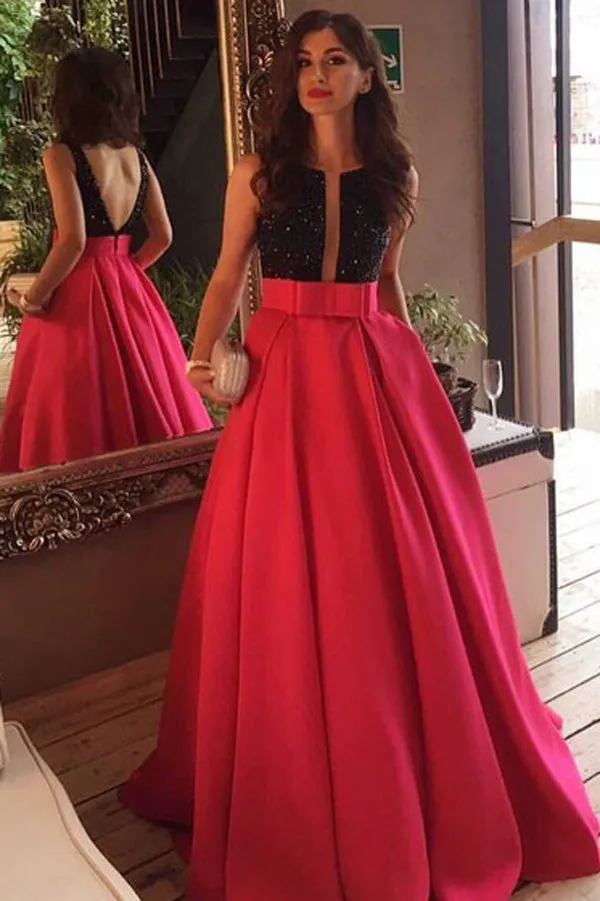 Red Satin Scoop Neck Backless Sexy Long Prom Dresses with Sweep Train, M153