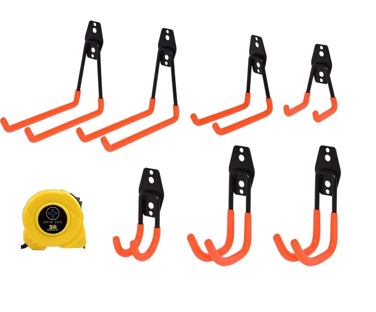Rhin Zen (Pack of 7 with Free Measuring Tape, Hooks for Garage Storage, Heavy Duty Steel Utility J Hook for Hanging Bike, Shovel, Ladder, Garden Lawn Tool Screw in Wall and Ceiling Mounting