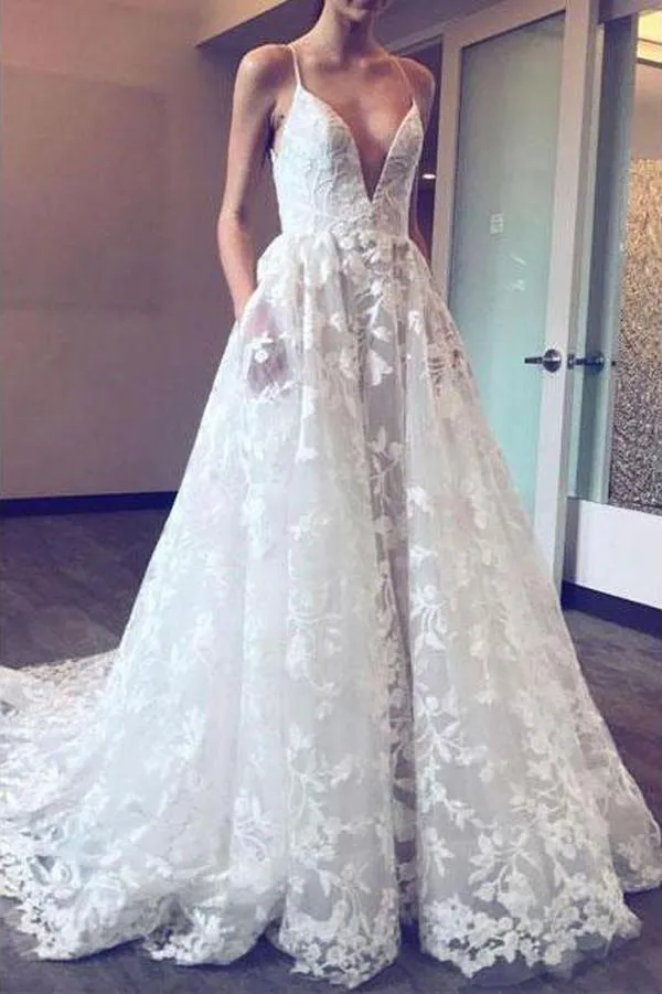 Roycebridal Fabulous Deep V Neck Spaghetti Straps Lace Applique Ball Gown Wedding Dresses, MW150