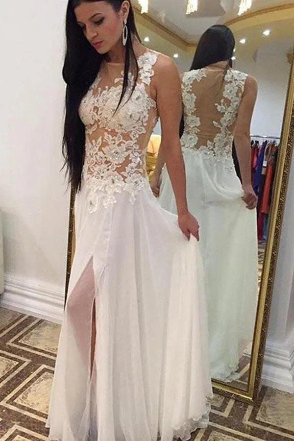 Roycebridal White Chiffon High Neck Beaded Floor Length Sleeveless Long Wedding Dresses, MW244