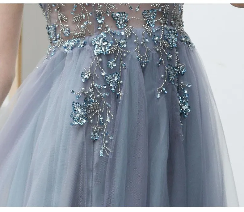 Sexy Blue V-neckline Straps Beaded Top Long Party Dress, V Back Leg Slit Prom Dress