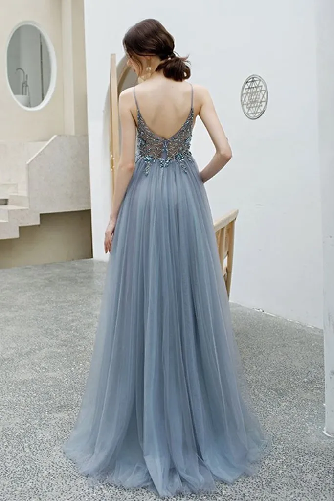 Sexy Blue V-neckline Straps Beaded Top Long Party Dress, V Back Leg Slit Prom Dress