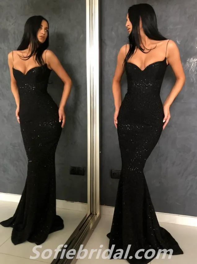 Sexy Charming Sequin Spaghetti Straps V-Neck Mermaid Long Prom Dresses,SFPD0264