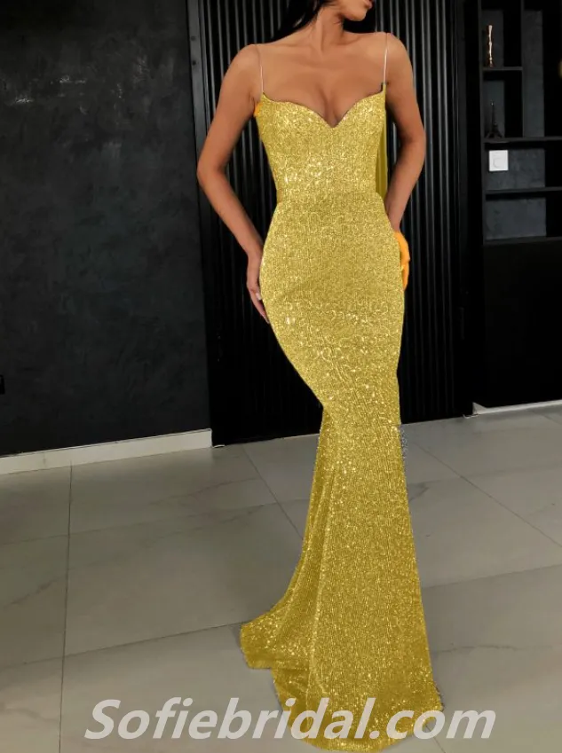 Sexy Charming Sequin Spaghetti Straps V-Neck Mermaid Long Prom Dresses,SFPD0264