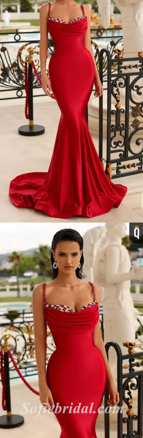 Sexy Red Satin Spaghetti Straps Sleeveless Mermaid Long Prom Dresses With Rhinestone,SFPD0454