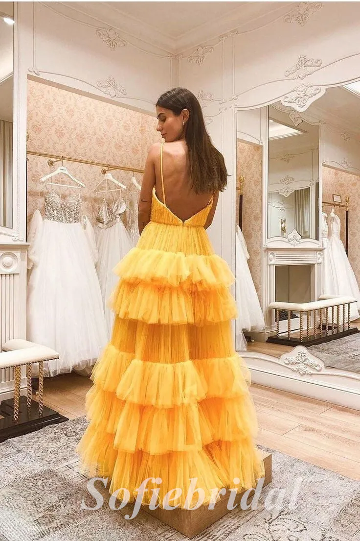 Sexy Tulle Spaghetti Straps V-Neck Sleeveless A-Line Long Prom Dresses, PD0819