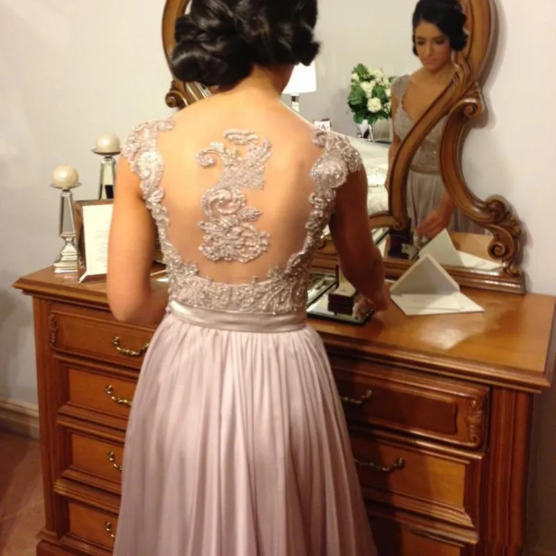Sparkly Lace Top Dusty Pink Cap-sleeve V-neck A-line Tulle Bridesmaid Dress, BD3064