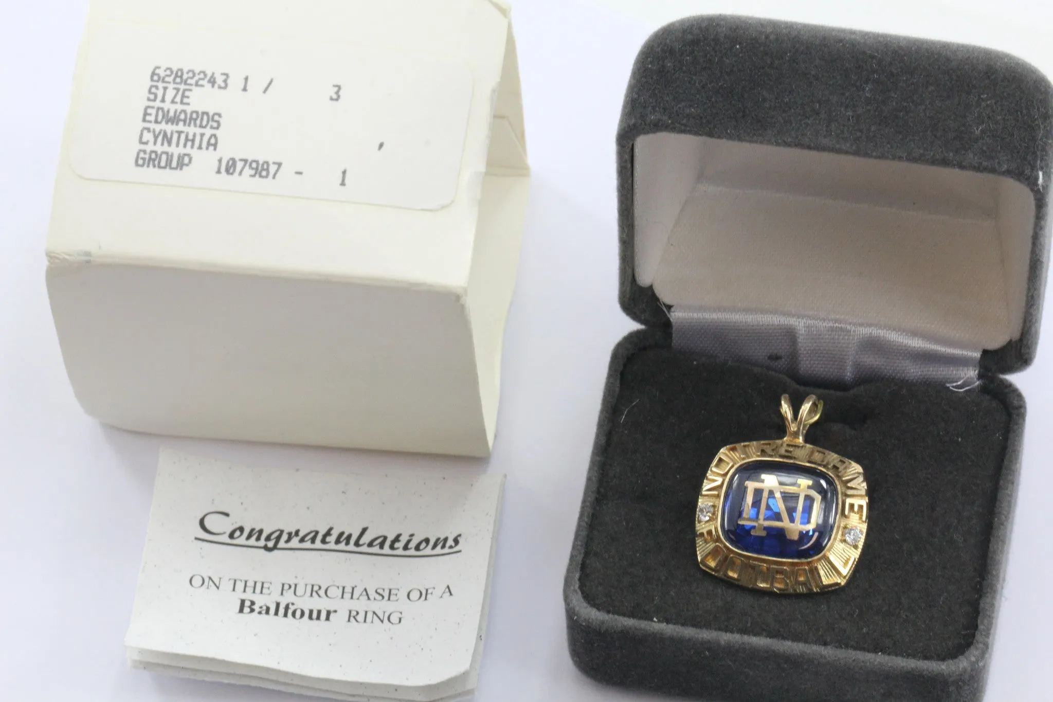 Vintage 10K Gold Notre Dame Football Championship Balfour Blue Enamel Ring Top Pendant