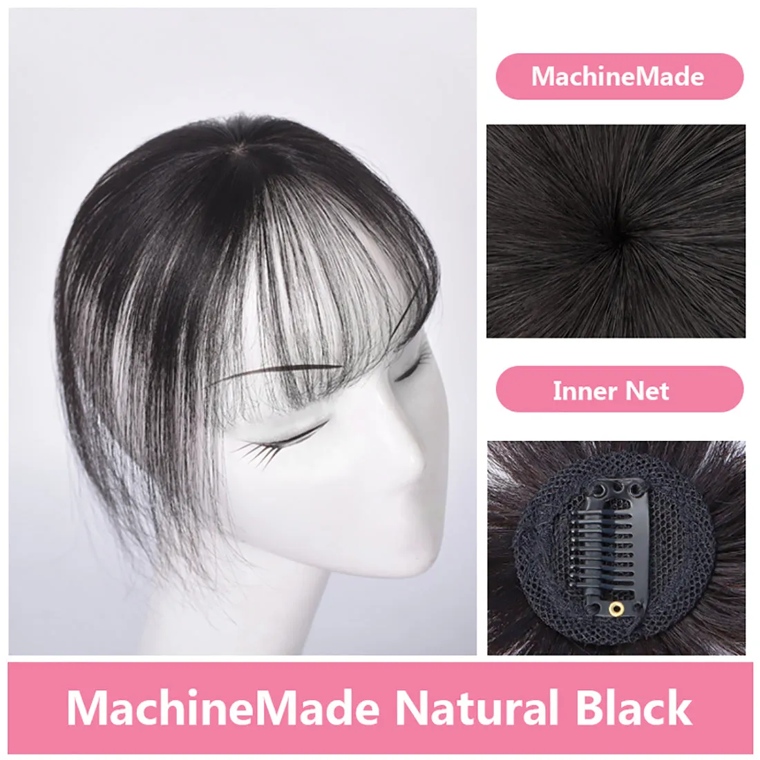 viviaBella Human Hair Clip in Hair Bangs 3D Clip-on Bangs Topper Real Hair Air Bangs One Piece Clip in Hair Topper/Hair Fringe (3D Machine Made, Natural Black)
