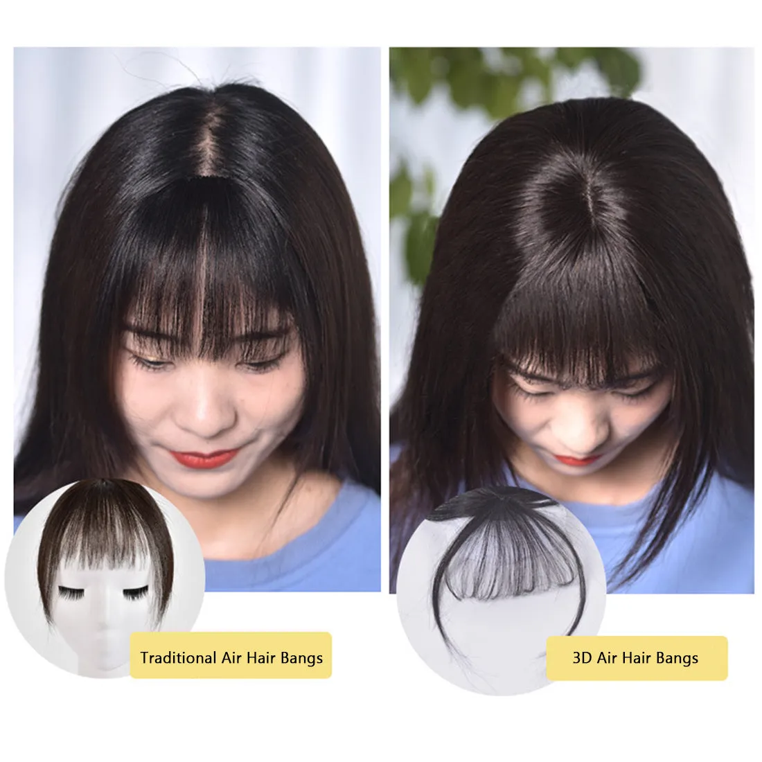 viviaBella Human Hair Clip in Hair Bangs 3D Clip-on Bangs Topper Real Hair Air Bangs One Piece Clip in Hair Topper/Hair Fringe (3D Machine Made, Natural Black)