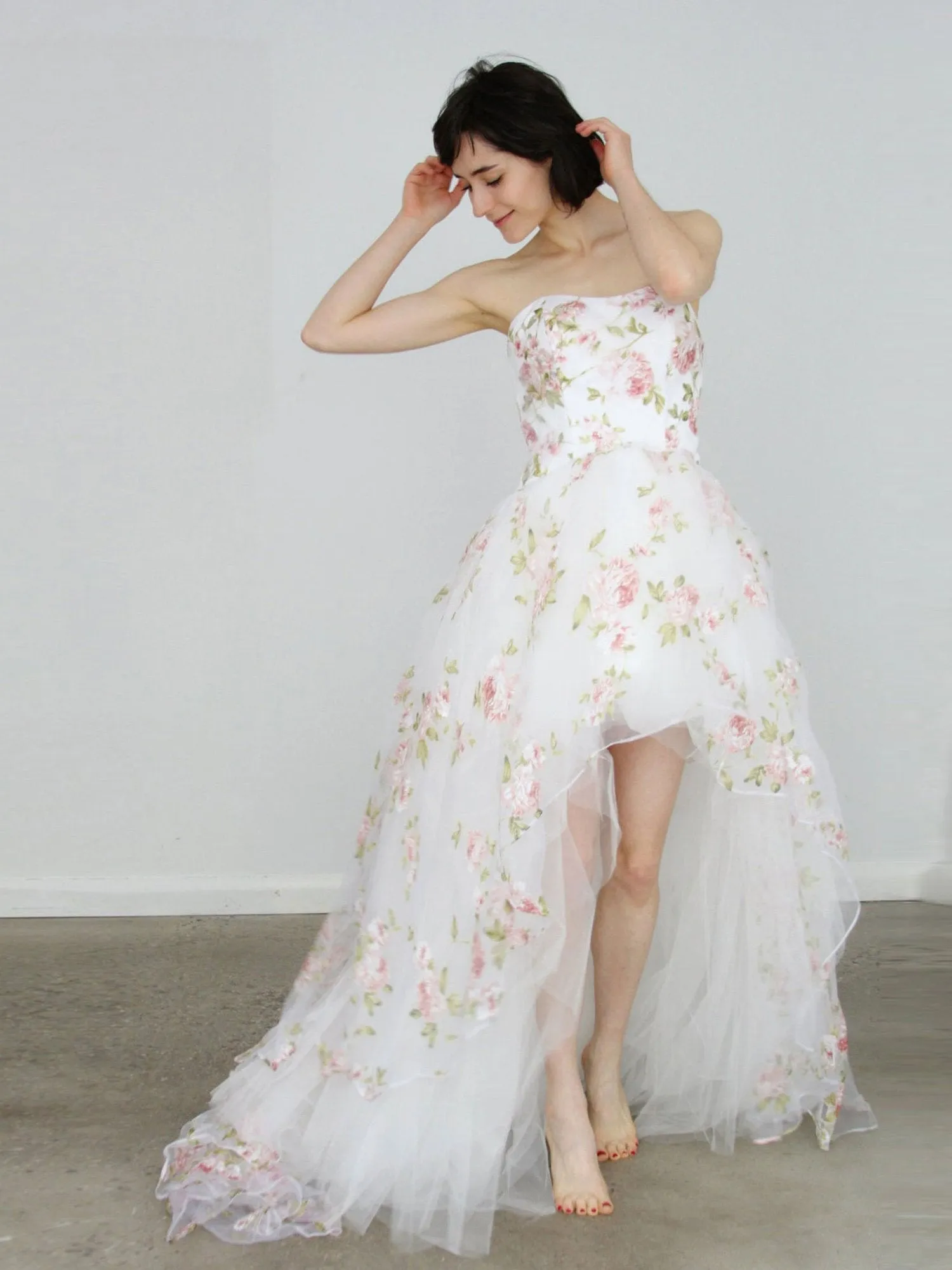 White lace tulle high low prom dress, white evening dress