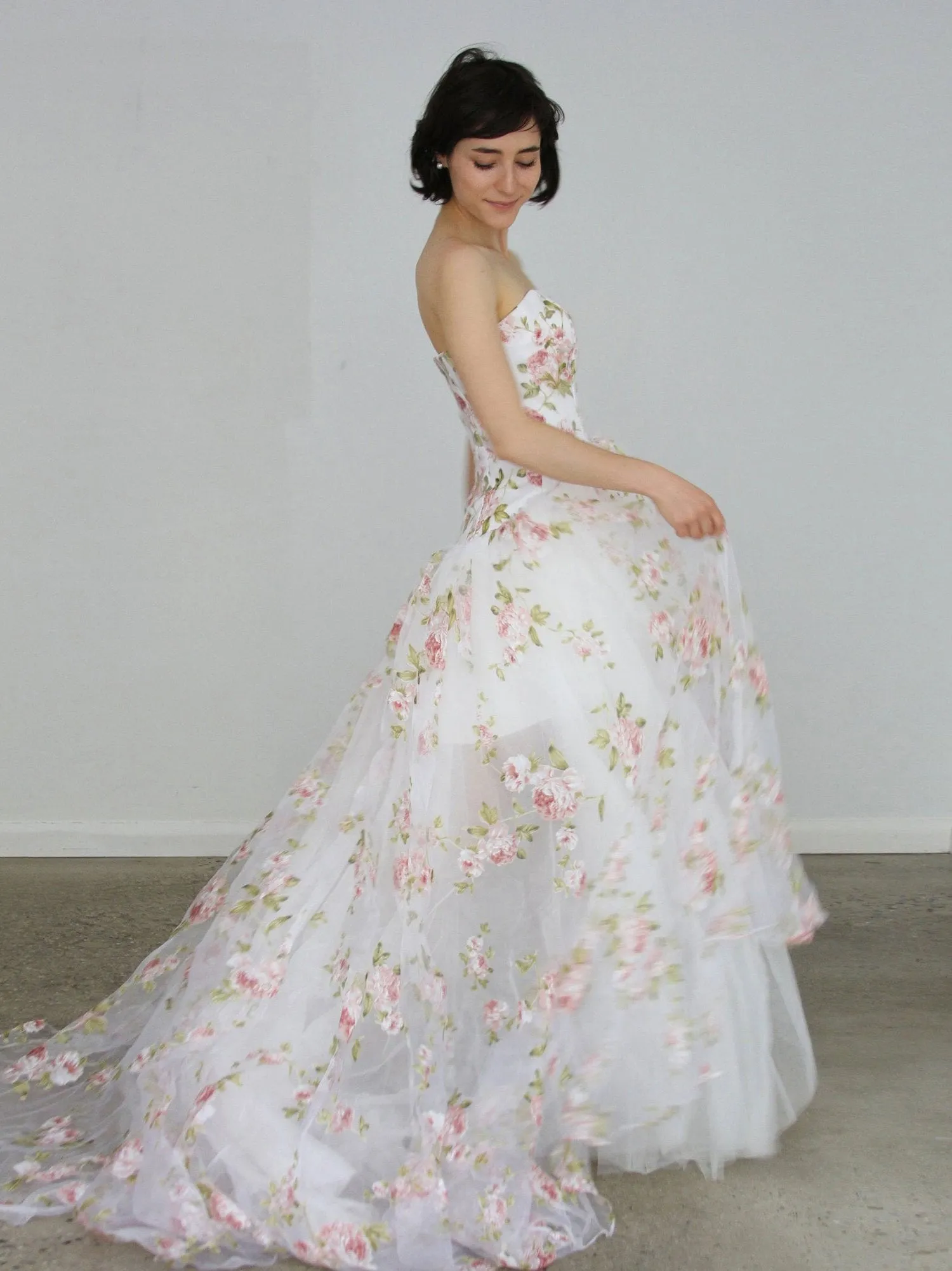 White lace tulle high low prom dress, white evening dress