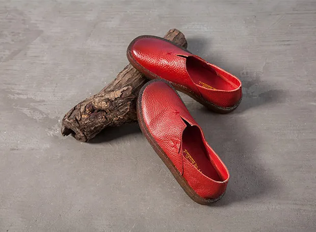 Women Cowhide Round Toe Handmade Casual Shoes Retro Flat Leather Shoes