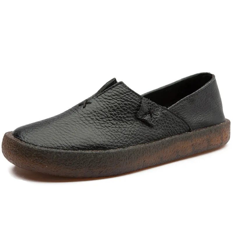 Women Cowhide Round Toe Handmade Casual Shoes Retro Flat Leather Shoes