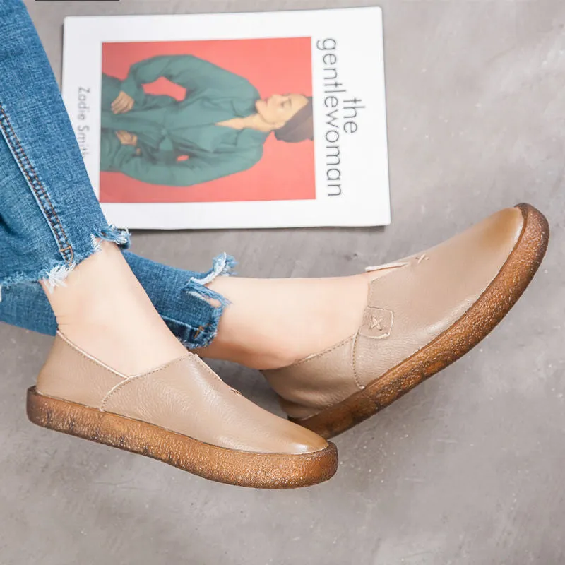 Women Cowhide Round Toe Handmade Casual Shoes Retro Flat Leather Shoes
