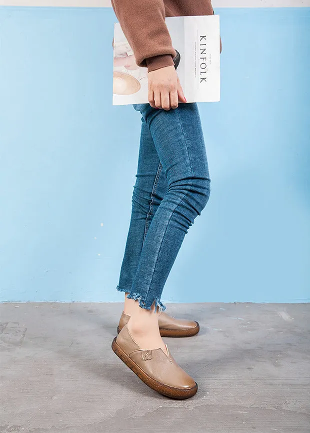 Women Cowhide Round Toe Handmade Casual Shoes Retro Flat Leather Shoes