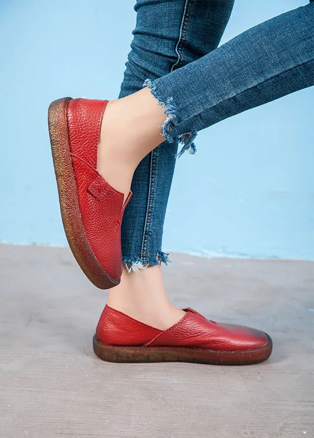 Women's Leather Round Toe Handmade Casual Shoes Retro Flat Shoes