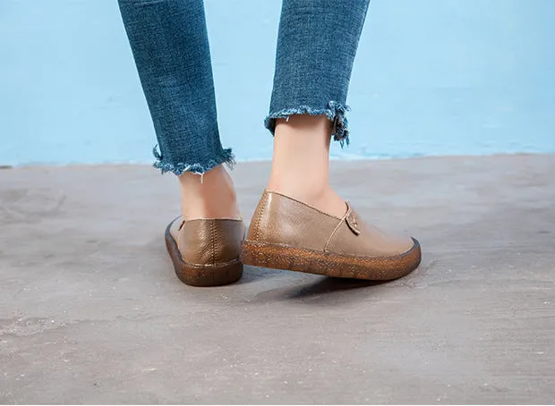 Women's Leather Round Toe Handmade Casual Shoes Retro Flat Shoes