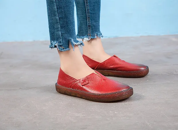 Women's Leather Round Toe Handmade Casual Shoes Retro Flat Shoes