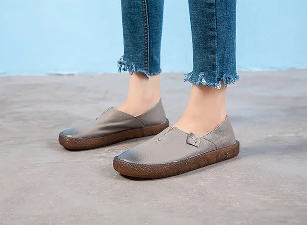 Women's Leather Round Toe Handmade Casual Shoes Retro Flat Shoes