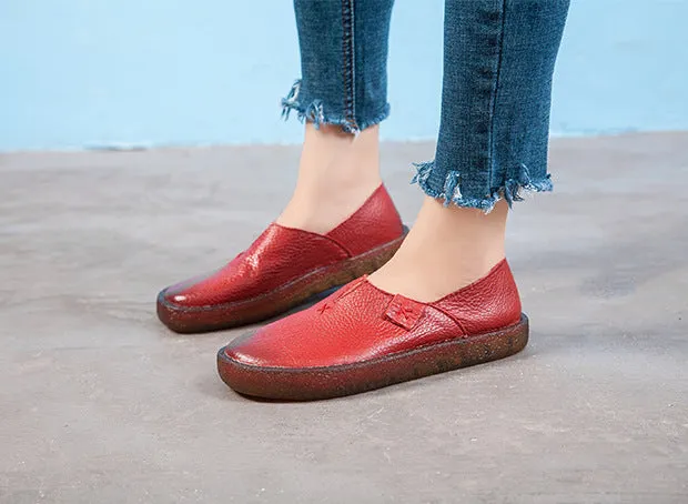 Women's Leather Round Toe Handmade Casual Shoes Retro Flat Shoes