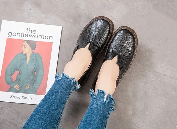 Women's Leather Round Toe Handmade Casual Shoes Retro Flat Shoes
