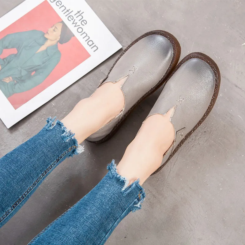 Women's Leather Round Toe Handmade Casual Shoes Retro Flat Shoes