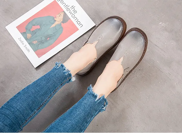 Women's Leather Round Toe Handmade Casual Shoes Retro Flat Shoes