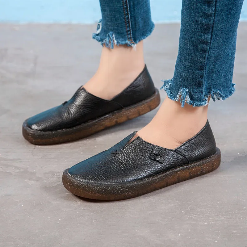Women's Leather Round Toe Handmade Casual Shoes Retro Flat Shoes