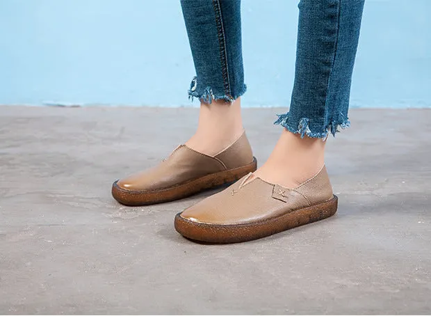 Women's Leather Round Toe Handmade Casual Shoes Retro Flat Shoes