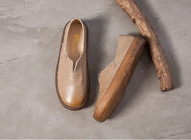 Women's Leather Round Toe Handmade Casual Shoes Retro Flat Shoes