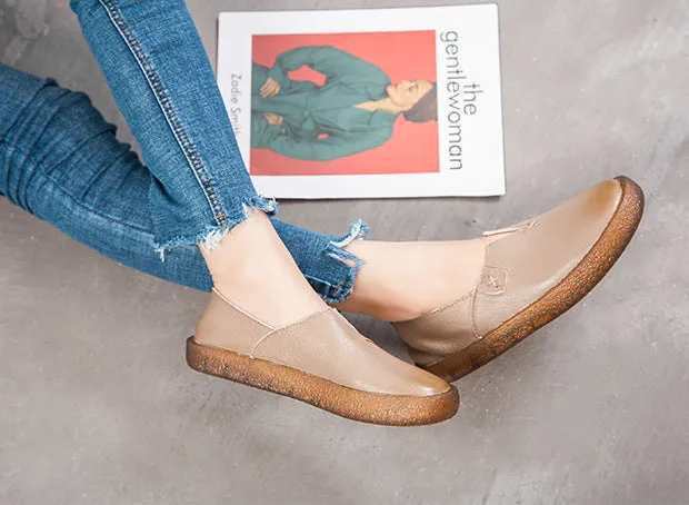 Women's Leather Round Toe Handmade Casual Shoes Retro Flat Shoes